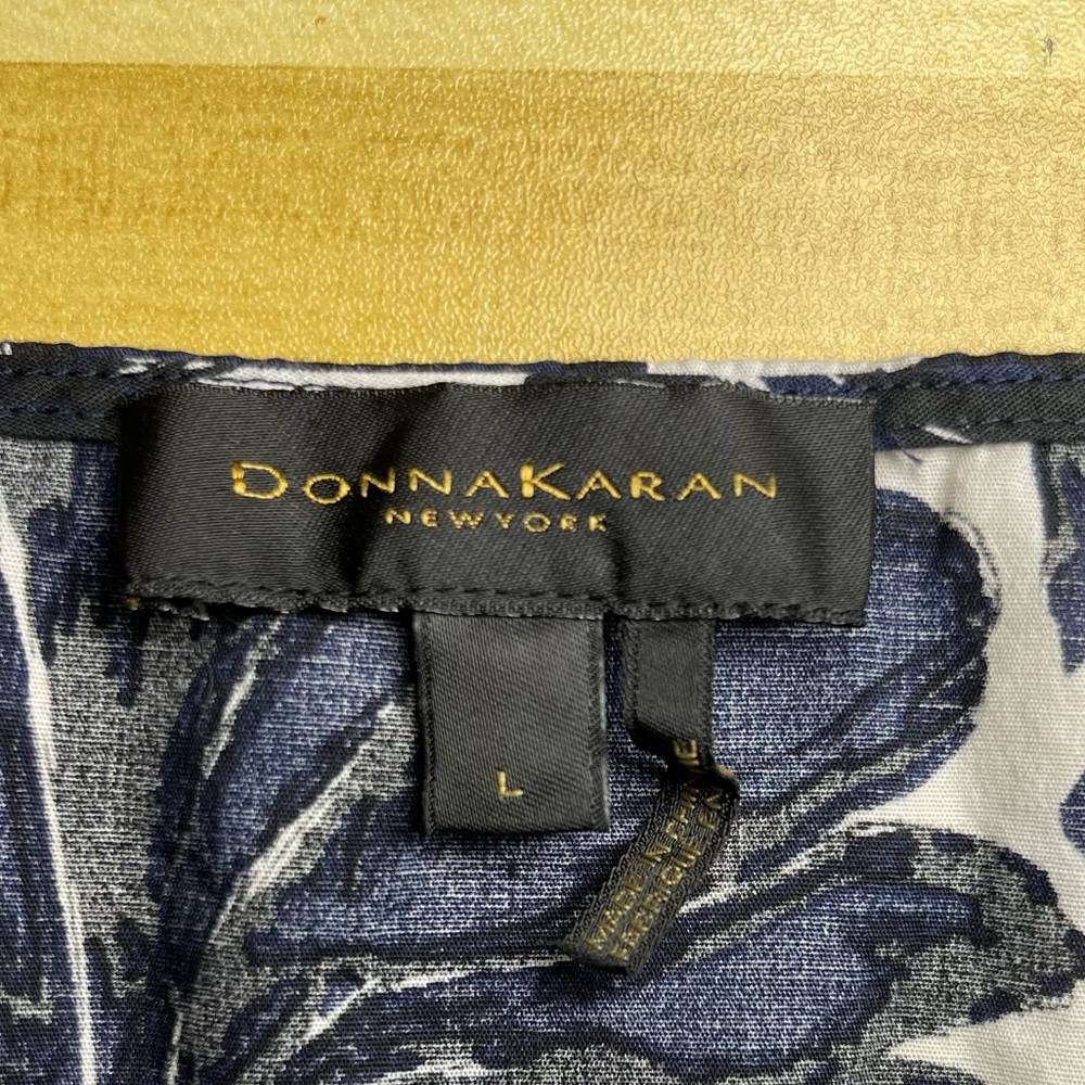 DONNA KARAN NEW YORK V-NECK PRINTED PEPLUM BLUE BLOUSE size Large - Picture 8 of 12